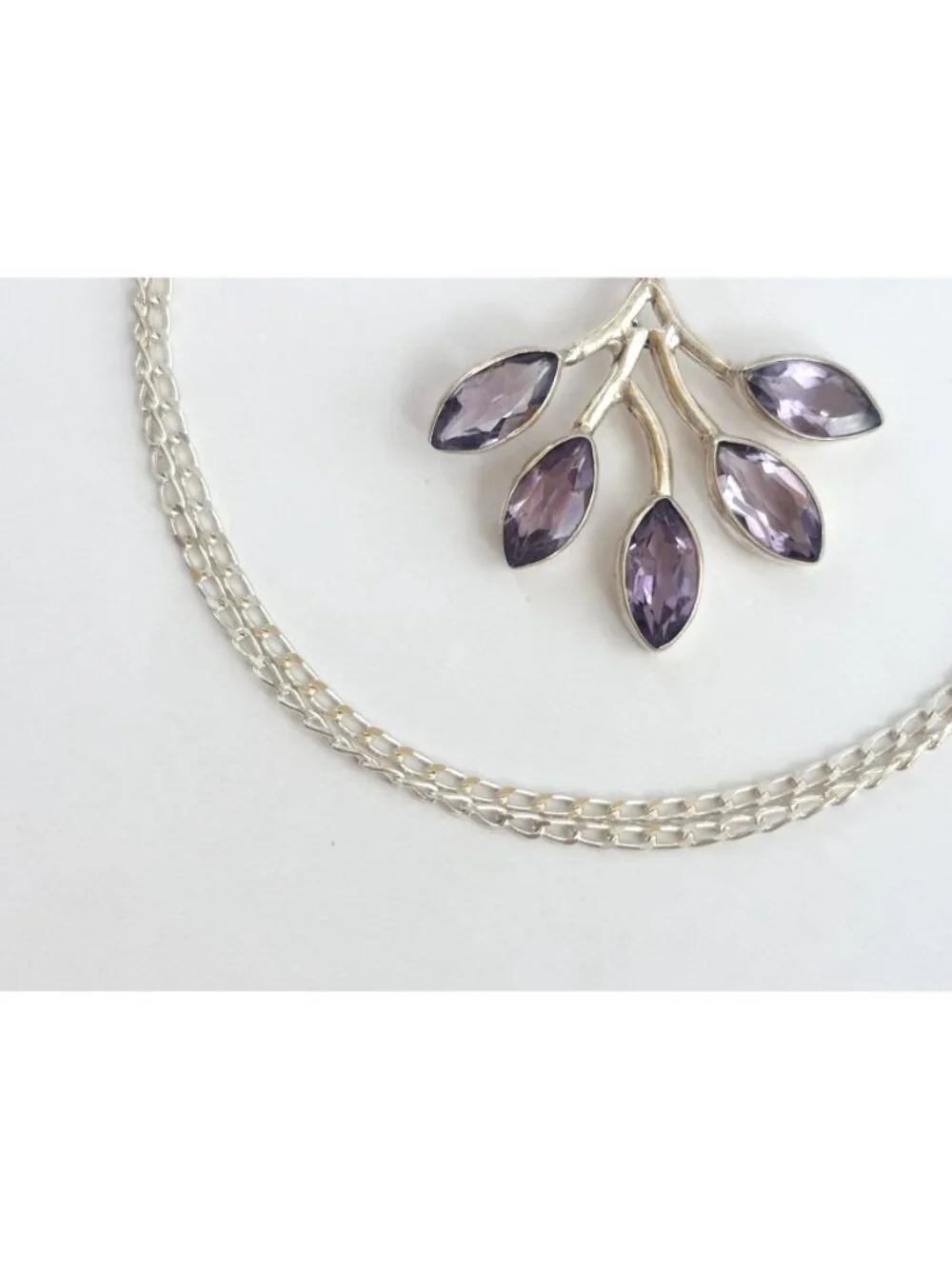 Amethyst Branched Leaves Sterling Silver 925 Vintage Pendant Necklace - 18